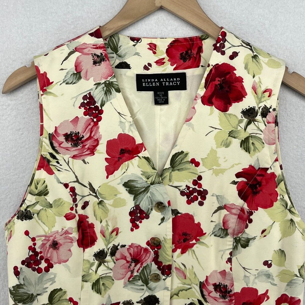 ELLEN TRACY Vest 10P Petite LINDA ALLARD Floral Button Up Waistcoat Red Vintage - Picture 3 of 12